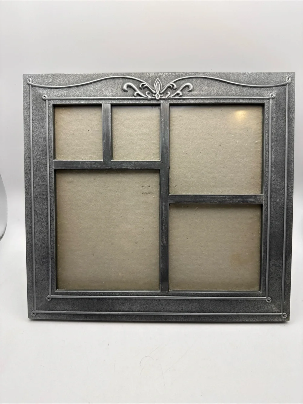 VTG Pewter Frame 9”x9.5” Hold 5 Photos 2- 2x 1.5 & 2- 2 3/8 x 1.75 1- 4x3 Scroll